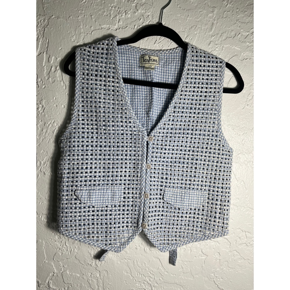 Vintage TanTrums Gingham Vest Small Blue White Cotton Cottagecore Prairie